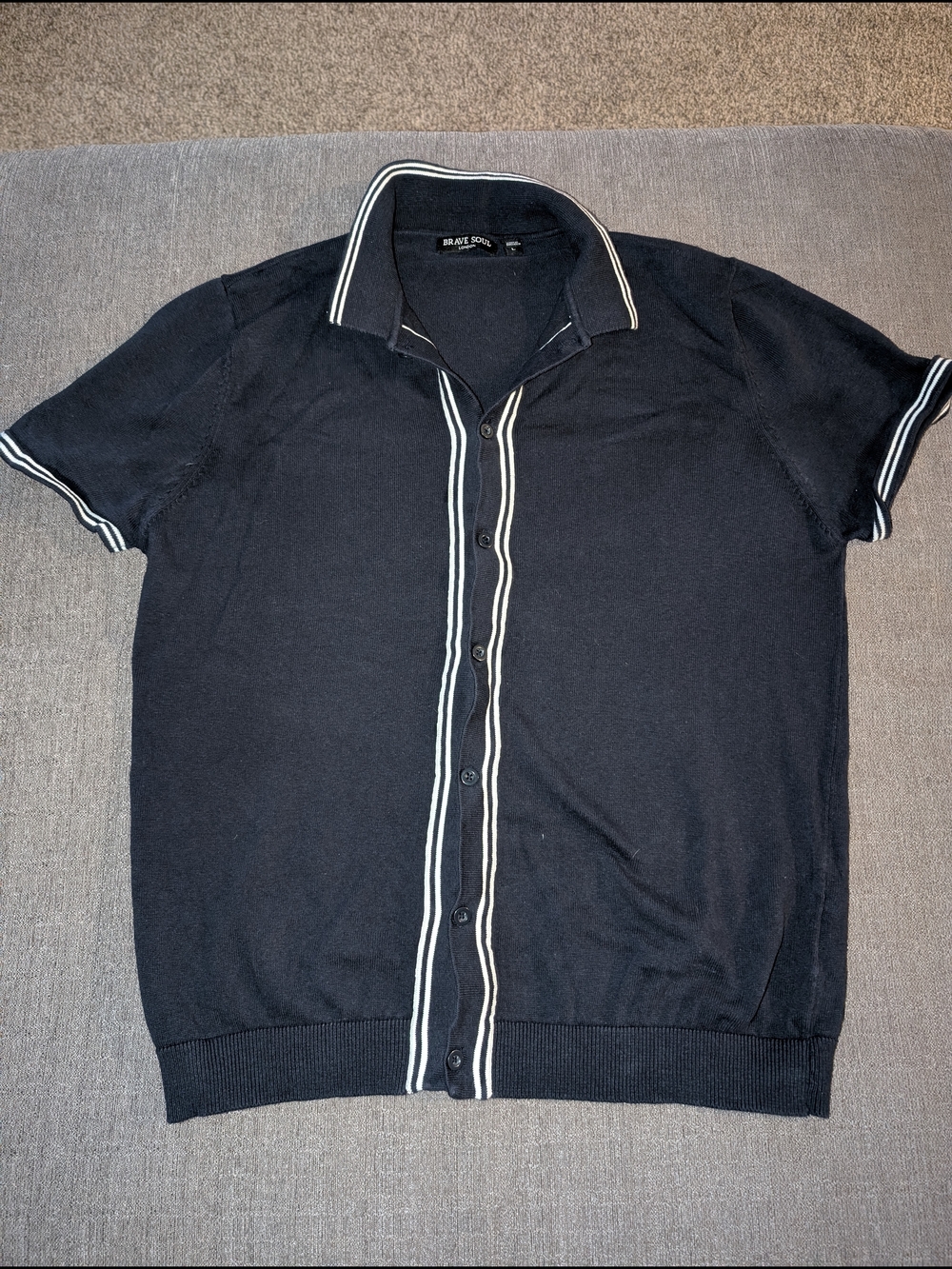 Brave Soul Dark Short-Sleeve Button Cardigan with White Trim